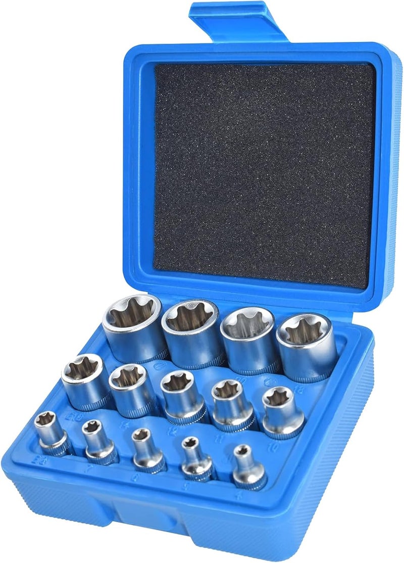 Yuesstloo E-Torx Socket Set, 14 Piece Female E-Torx Star Socket Set, 1/4" 3/8" 1/2" Drive, E4 to E24 External Torque E Socket Set, 14pcs Star Socket Kit - Image 1